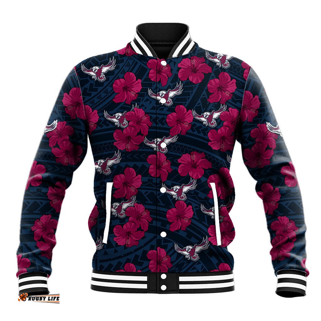 Sea Eagles Rugby Baseball Jacket Polynesian Style With Hibiscus