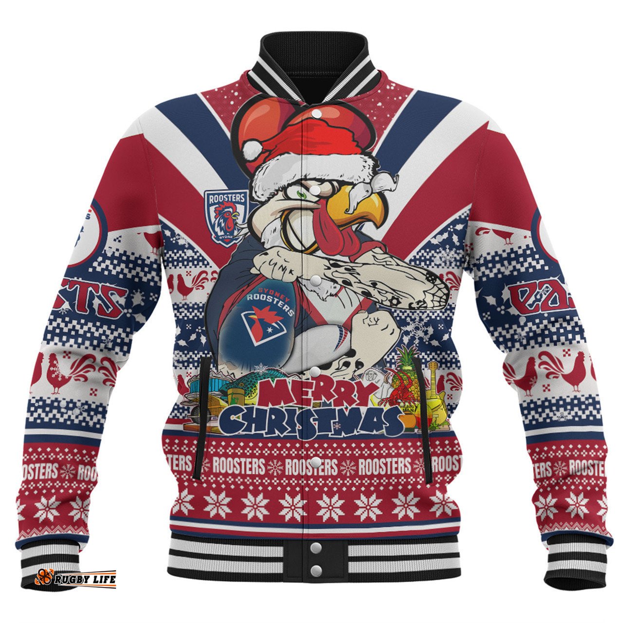 Sydney Roosters Christmas Custom Baseball Jacket - Easts Rooster Santa Aussie Big Things Baseball Jacket