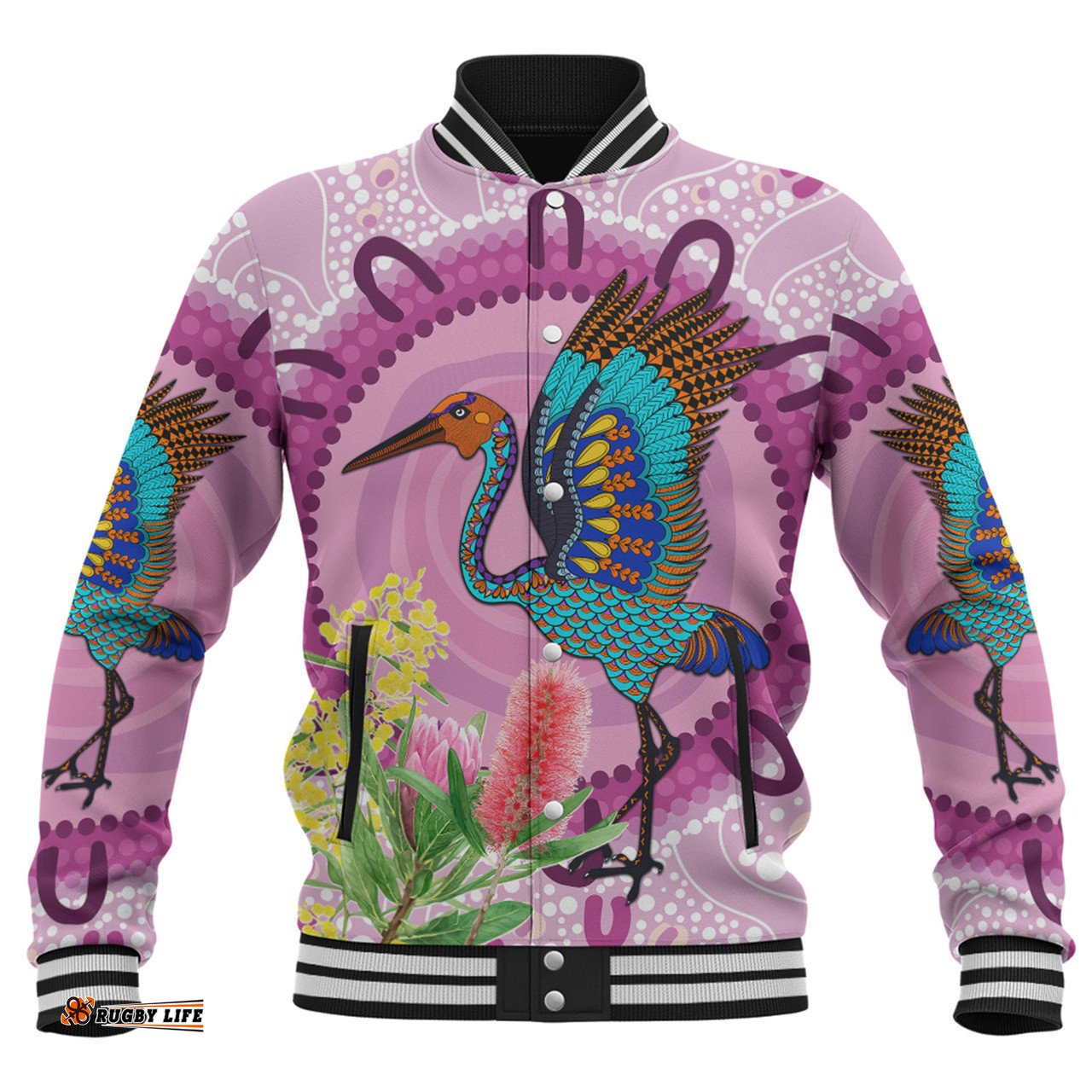 Australia Aboriginal Baseball Jacket - Brolga Bird Dancing With Australia Native Flowers Baseball Jacket