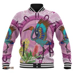 Australia Aboriginal Baseball Jacket - Brolga Bird Dancing With Australia Native Flowers Baseball Jacket