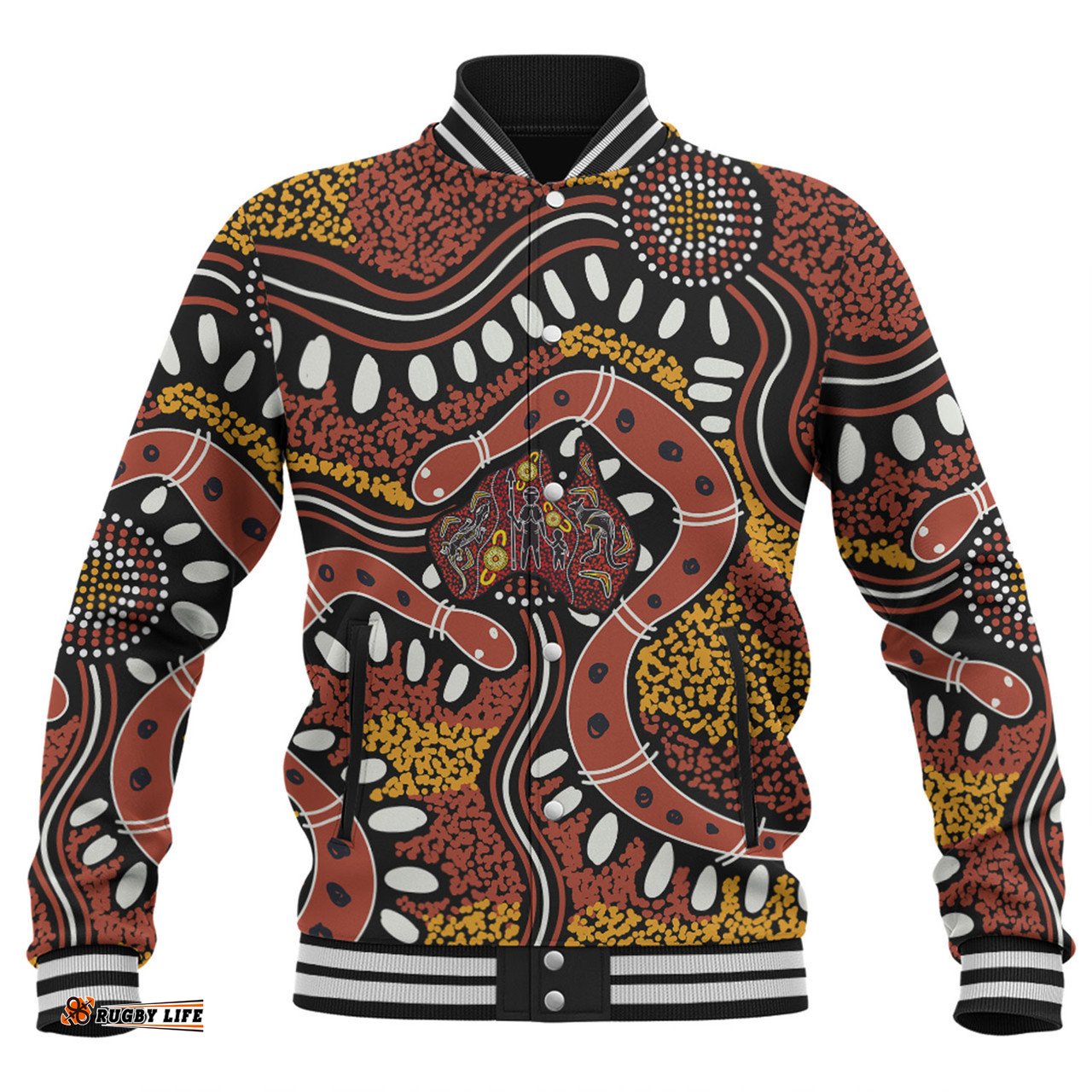 Australia Rainbow Serpent Aboriginal Baseball Jacket - Aboriginal Dot Art Snake Artwork Baseball Jacket