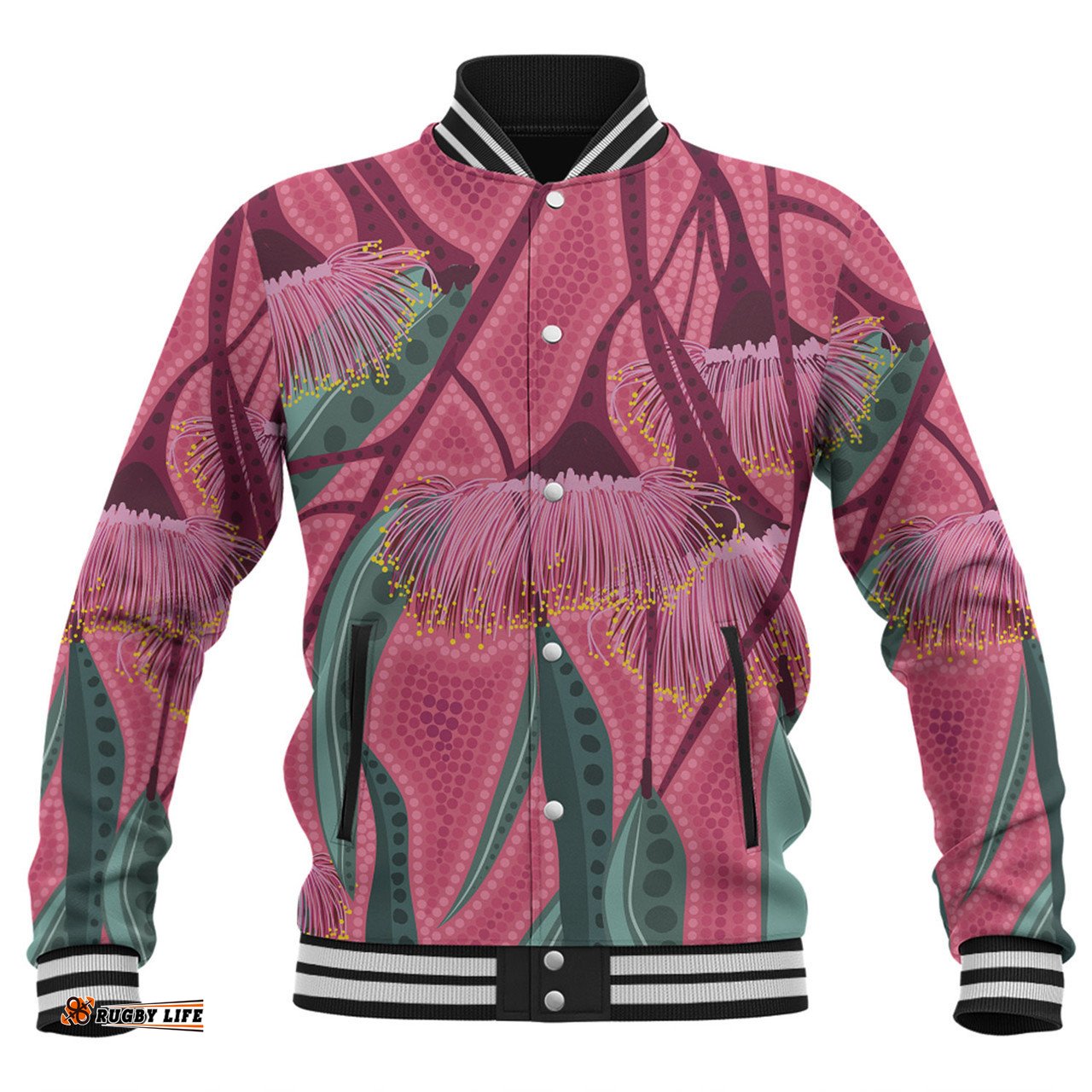 Australia Flowers Aboriginal Baseball Jacket - Aboriginal Dot Art Of Australian Native Eucalyptus Tree Branch Baseball Jacket