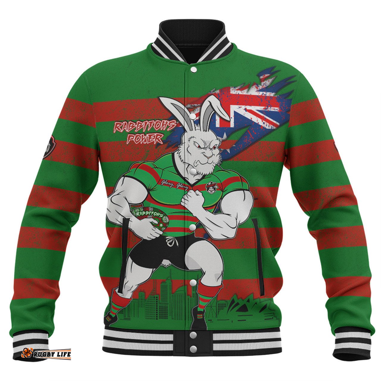 South Sydney Rabbitohs Baseball Jacket Custom For Die Hard Fan Australia Flag Scratch Style