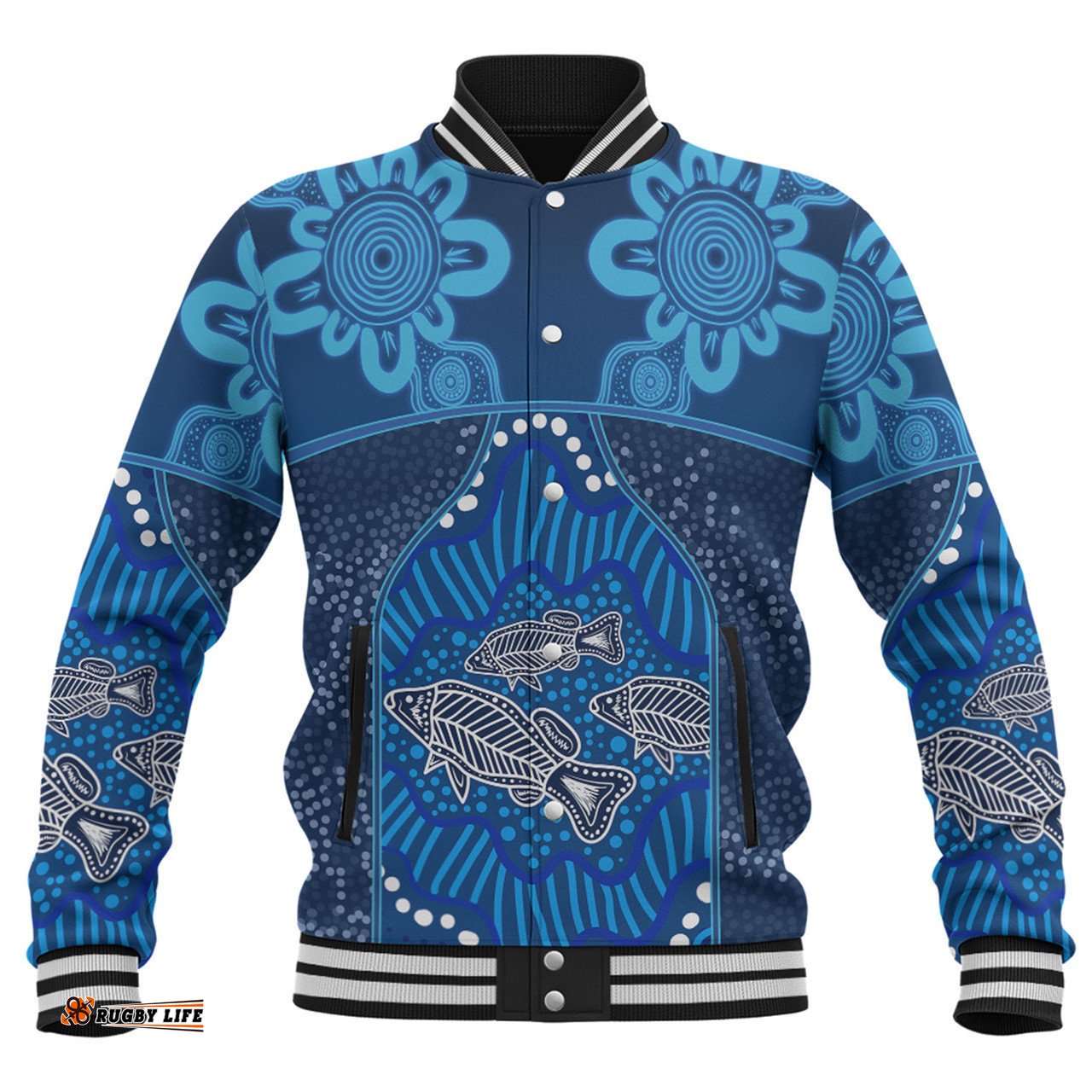 Australia Aboriginal Custom Baseball Jacket - Blue Aboriginal Dot With Fish Personalised Photo Baseball Jacket