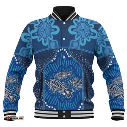 Australia Aboriginal Custom Baseball Jacket - Blue Aboriginal Dot With Fish Personalised Photo Baseball Jacket