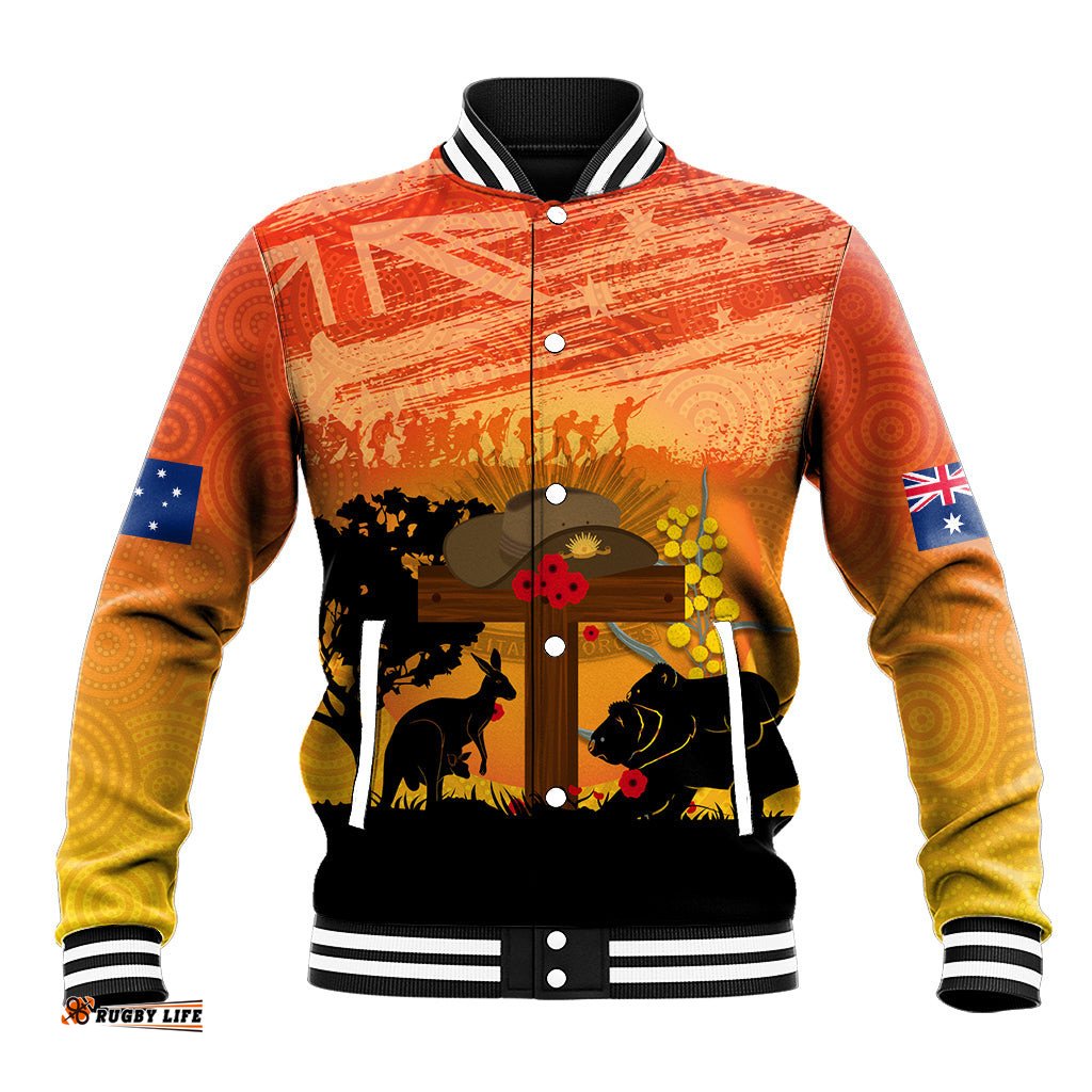 Australia ANZAC Day Baseball Jacket Koala and Kangaroo Respect Aboriginal Pattern