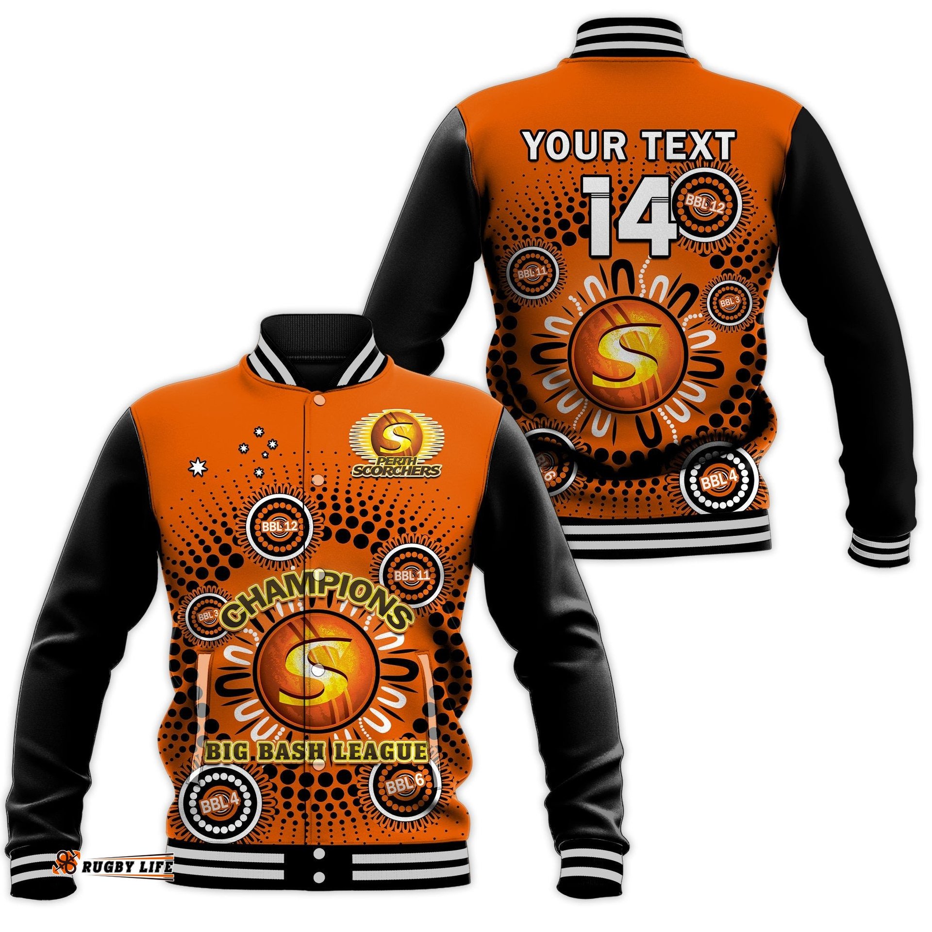 Custom Text And Number Perth Scorchers Cricket Baseball Jacket Indigenous 5th Champions BBL Proud
