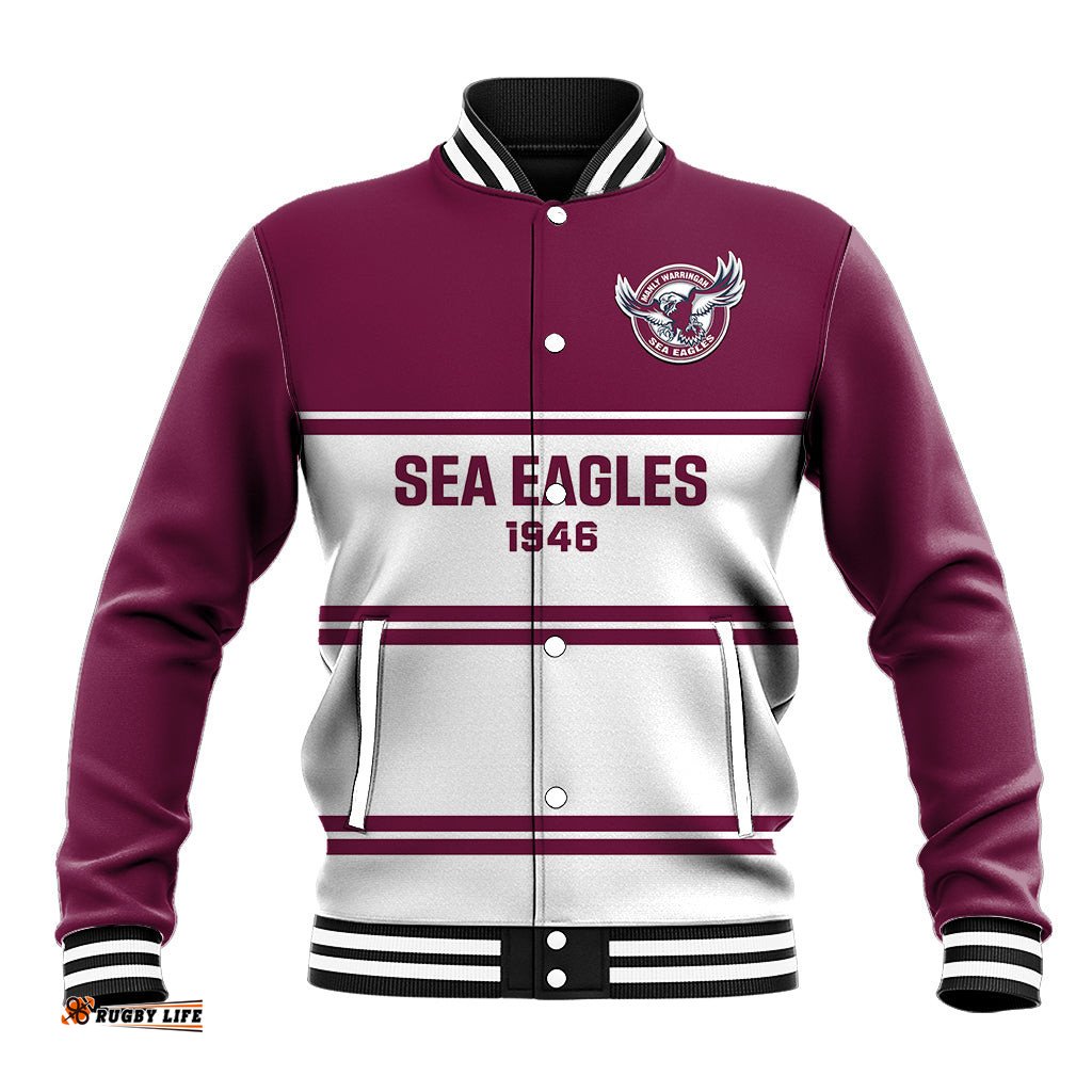Personalised Sea Eagles Rugby Baseball Jacket Manly Warringah White Sporty Style
