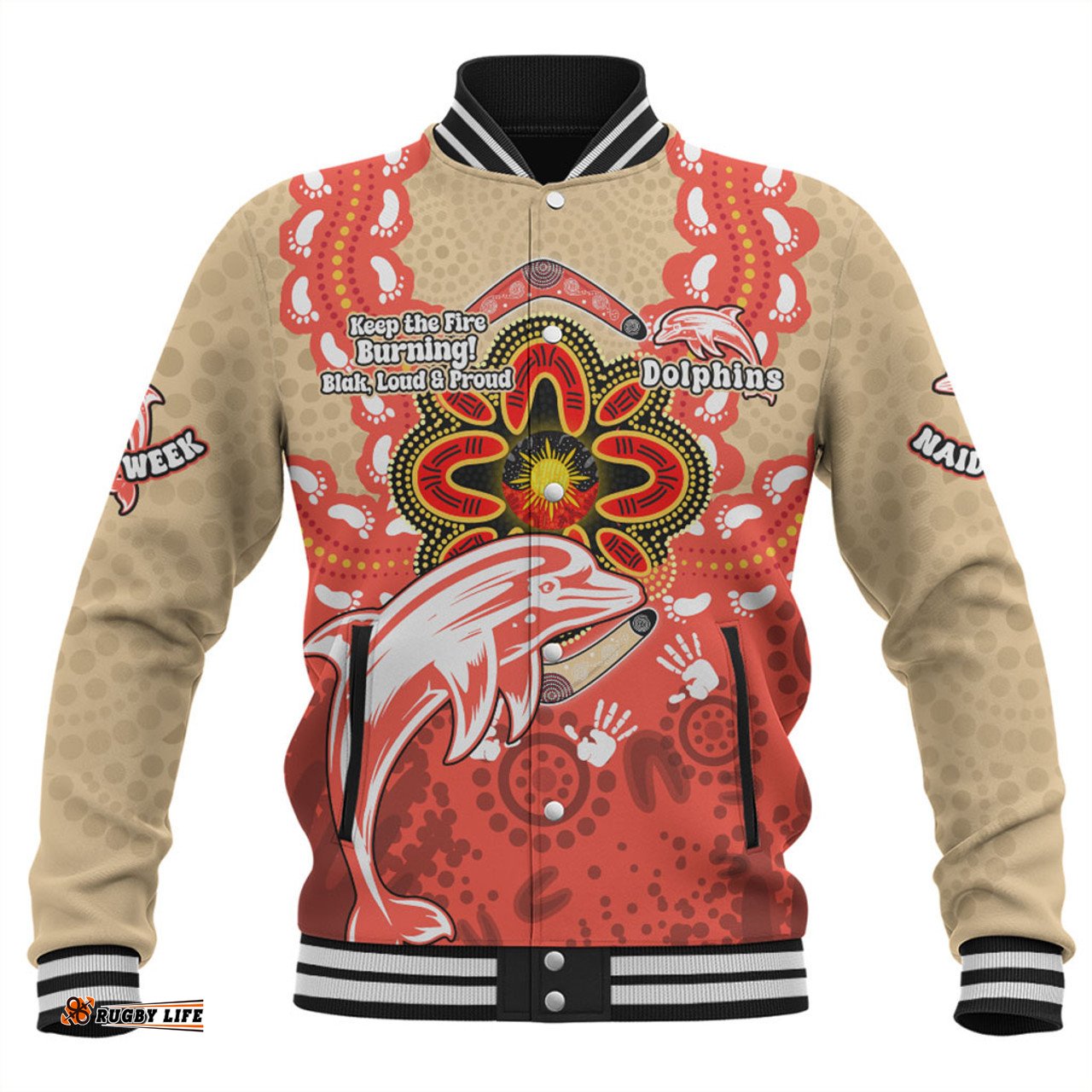 Redcliffe Dolphins Baseball Jacket Aboriginal Inspired Naidoc Symbol Pattern