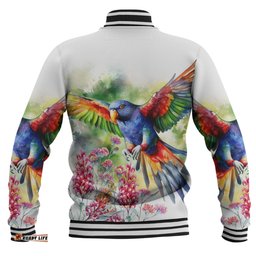 Australia Rainbow Lorikeets Baseball Jacket - Rainbow Lorikeets Flying With Grevillea Flowers Art Baseball Jacket