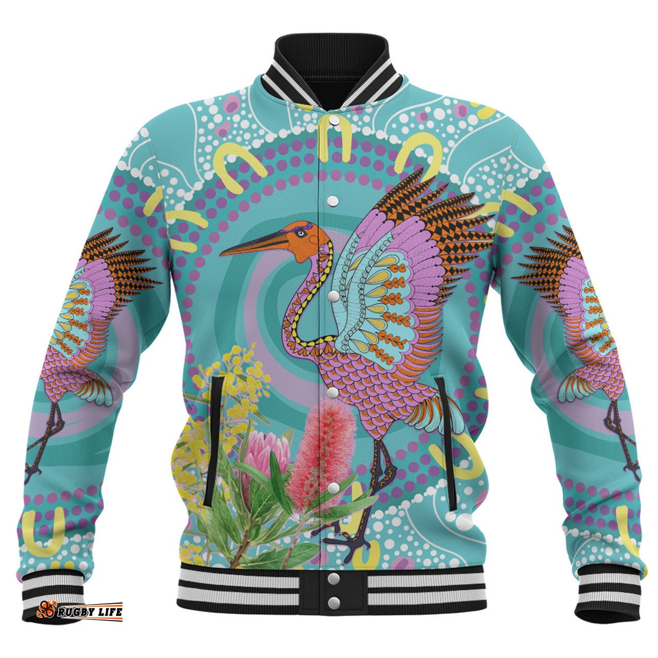 Australia Aboriginal Baseball Jacket - Brolga Bird Dancing With Australia Native Flowers V3 Baseball Jacket