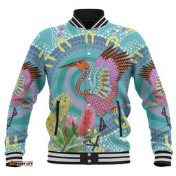 Australia Aboriginal Baseball Jacket - Brolga Bird Dancing With Australia Native Flowers V3 Baseball Jacket