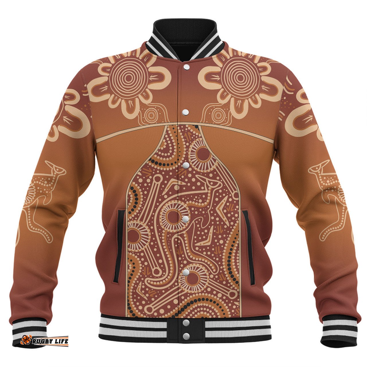 Australia Aboriginal Custom Baseball Jacket - Brown Kangaroo In Aboriginal Dot Art Baseball Jacket