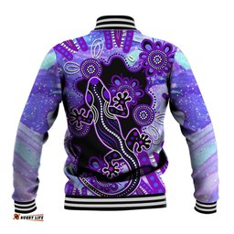 Australia Opal Baseball Jacket Aussie Lizard With Aboriginal Art - Purple