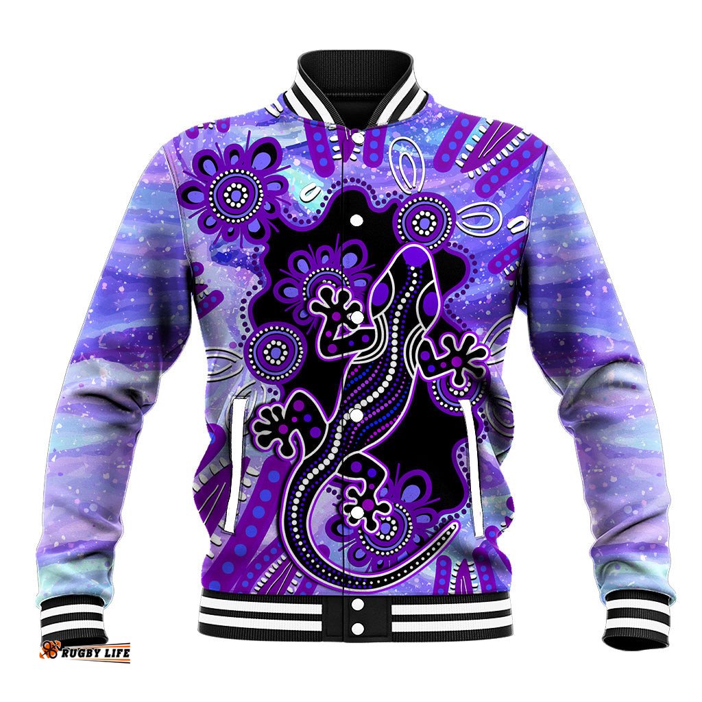 Australia Opal Baseball Jacket Aussie Lizard With Aboriginal Art - Purple