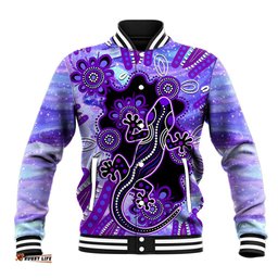 Australia Opal Baseball Jacket Aussie Lizard With Aboriginal Art - Purple