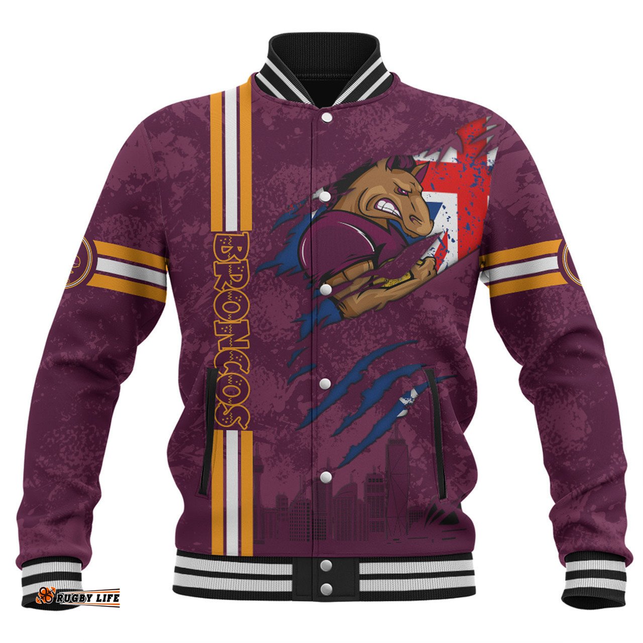 Brisbane Broncos Baseball Jacket - Happy Australia Day Flag Scratch Style