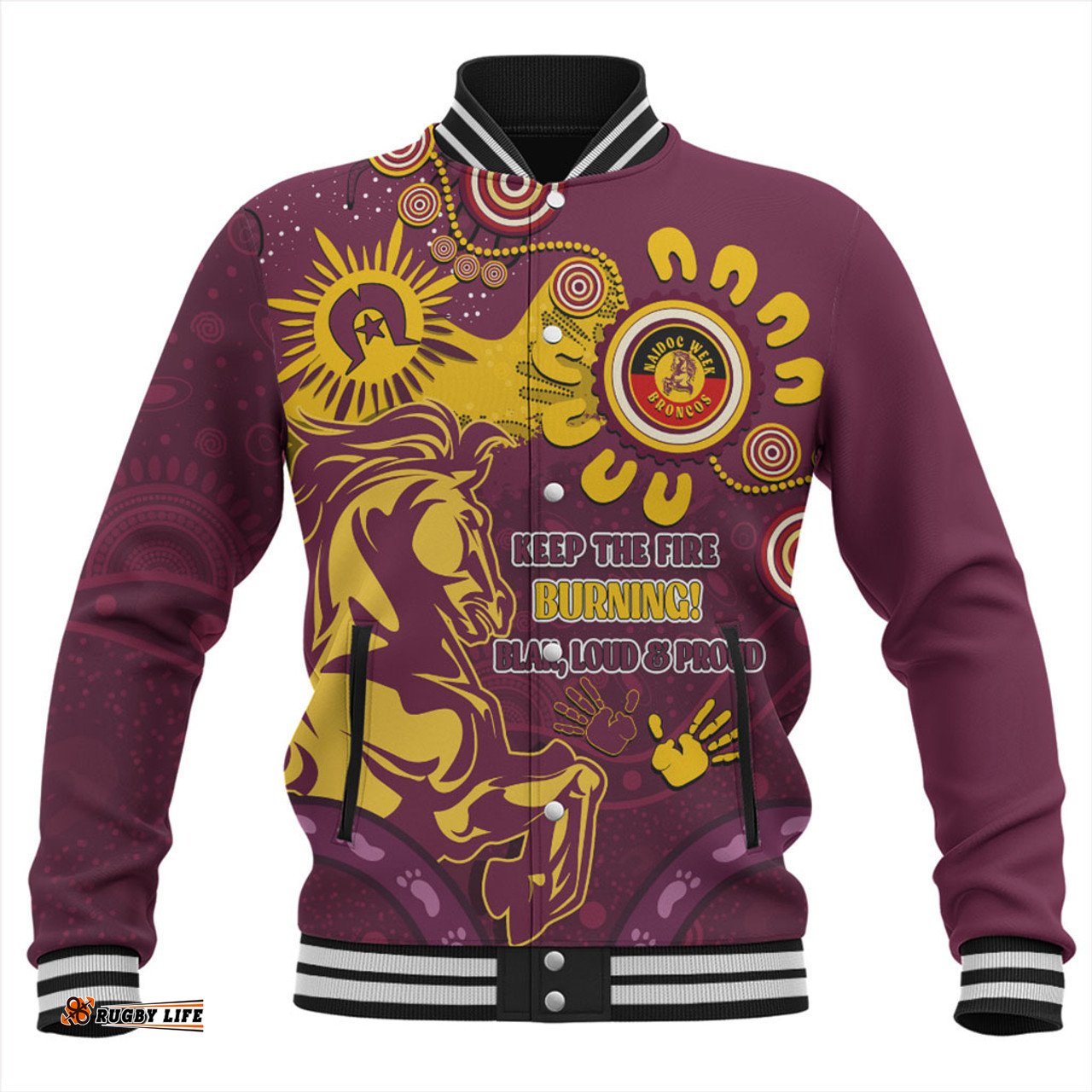Brisbane Broncos Baseball Jacket Aboriginal Indigenous Naidoc Week Dreamtime Dot Painting With Flag