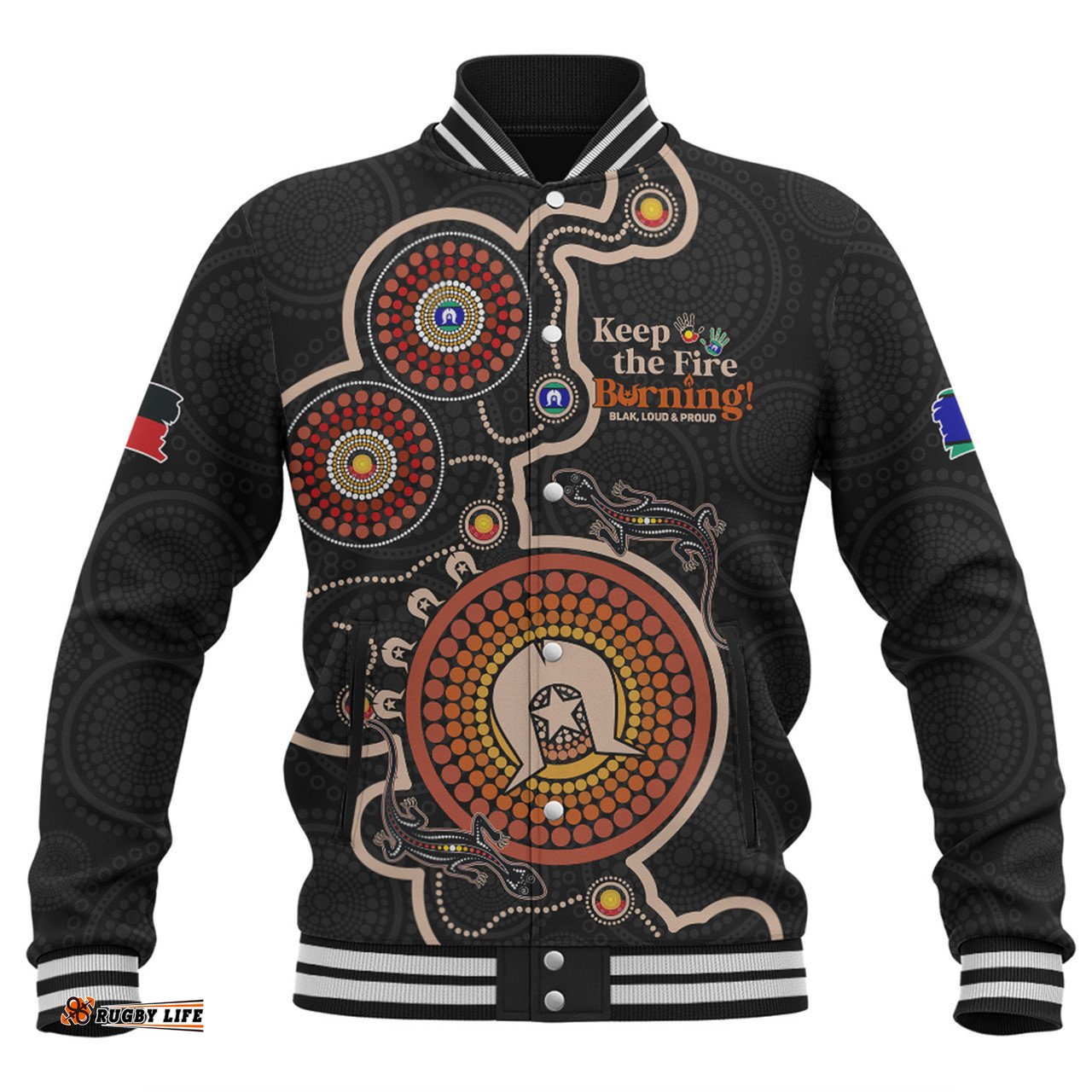 Australia Baseball Jacket Aboriginal Dot Art Inspired Naidoc Week Keep The Fire Burning! Blak, Loud & Proud