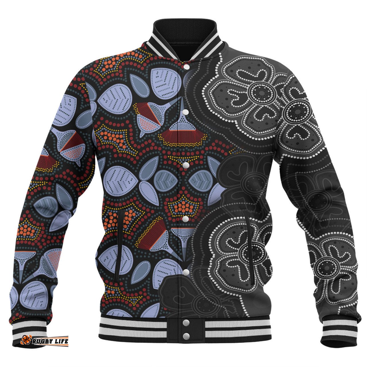 Australia Aboriginal Baseball Jacket - Eucalyptus Seamless Pattern In Aboriginal Dot Art Baseball Jacket