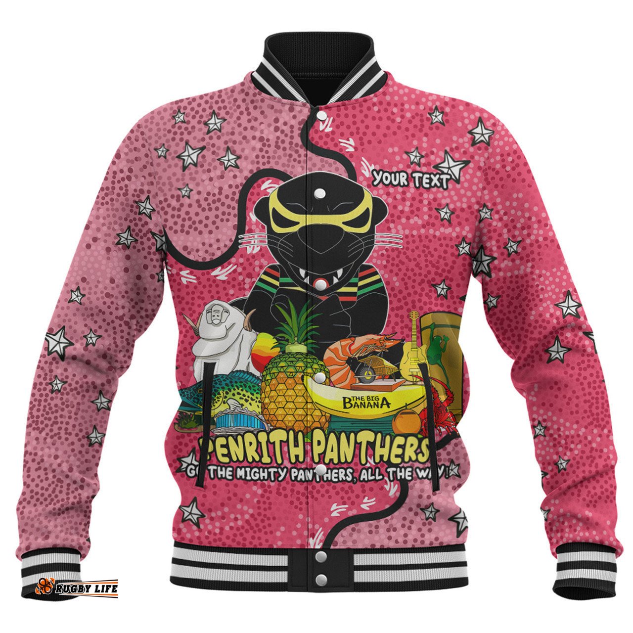 Penrith Panthers Custom Baseball Jacket - Australian Big Things (Pink) Baseball Jacket