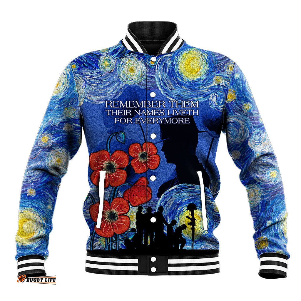 Remember Them ANZAC day Baseball Jacket Soldier In Starry Night Oil Paint Style