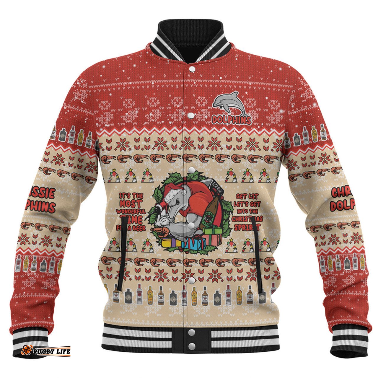 Redcliffe Dolphins Christmas Custom Baseball Jacket - Chrissie Spirit Baseball Jacket