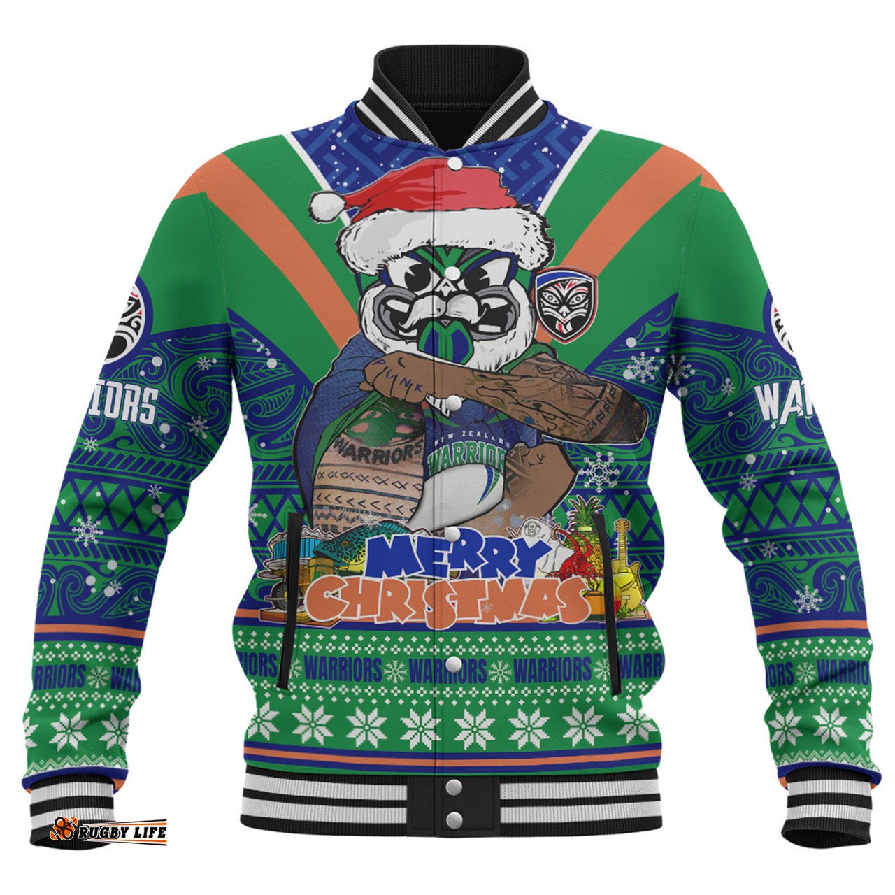 New Zealand Warriors Christmas Custom Baseball Jacket - Warriors Santa Aussie Big Things Baseball Jacket