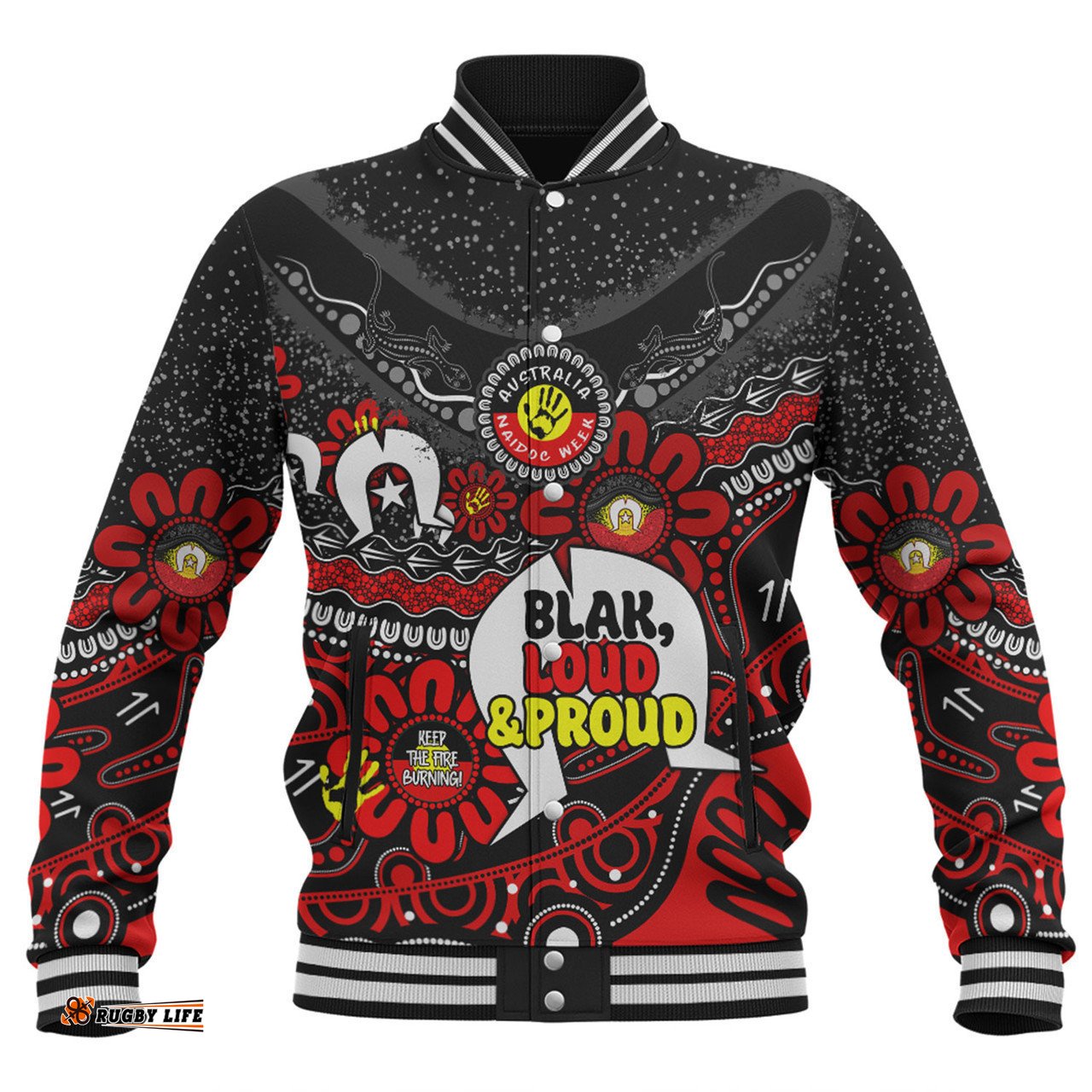 Australia Baseball Jacket Naidoc Week Torres Strait Symbol With Aboriginal Pattern Inspired Black