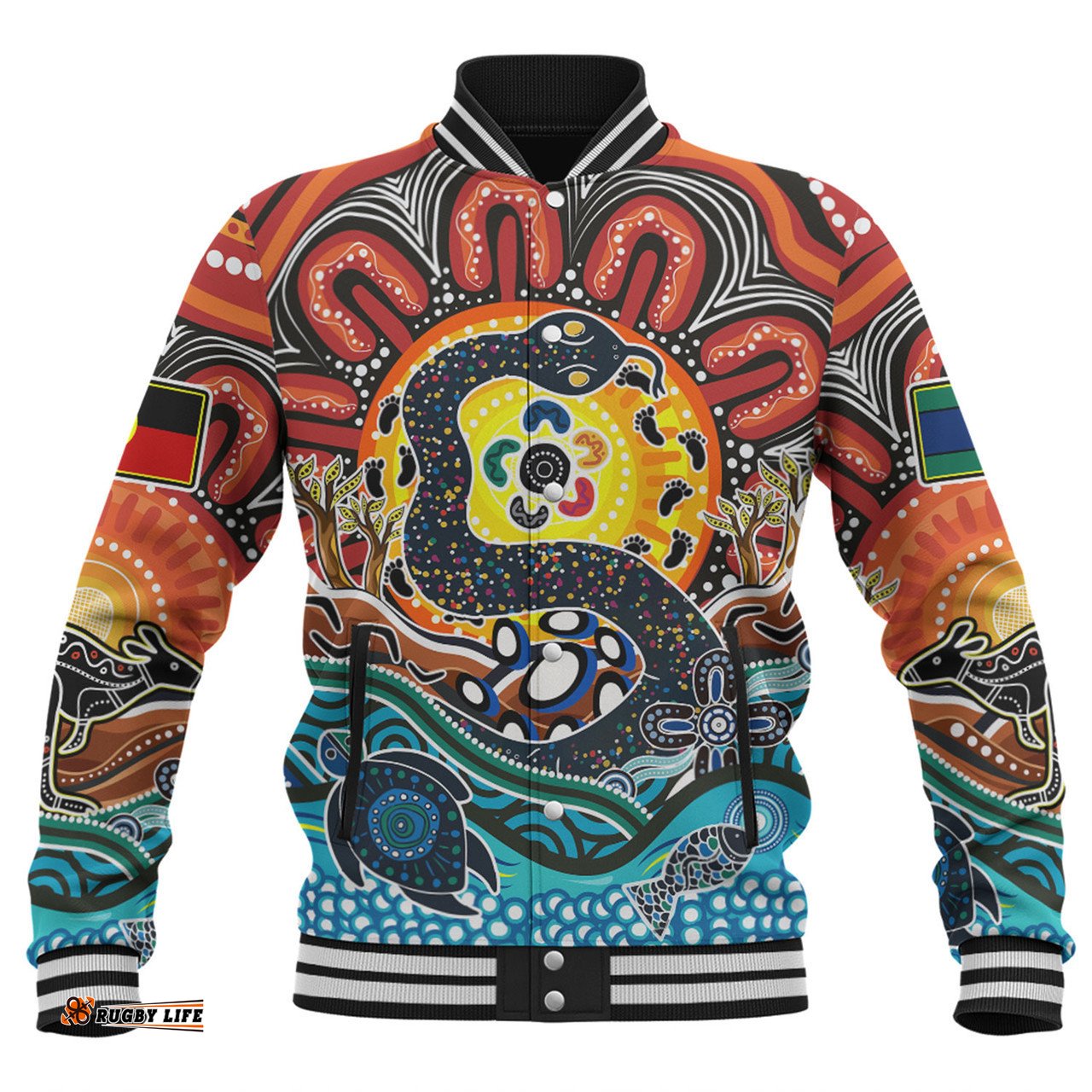 Australia Rainbow Serpent Aboriginal Baseball Jacket - Dreamtime Rainbow Serpent Baseball Jacket