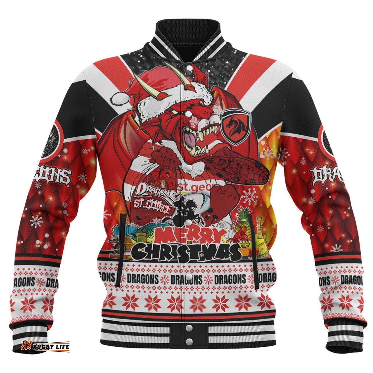 St. George Illawarra Dragons Christmas Custom Baseball Jacket - Dragons Santa Aussie Big Things Baseball Jacket