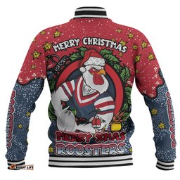 Sydney Roosters Christmas Custom Baseball Jacket - Merry Christmas Our Beloved Team With Aboriginal Dot Art Pattern Baseball Jacket
