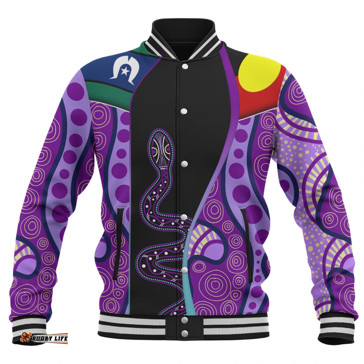 Australia Aboriginal Custom Baseball Jacket - Purple Indigenous Rainbow Serpent Inspired Baseball Jacket