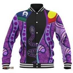 Australia Aboriginal Custom Baseball Jacket - Purple Indigenous Rainbow Serpent Inspired Baseball Jacket