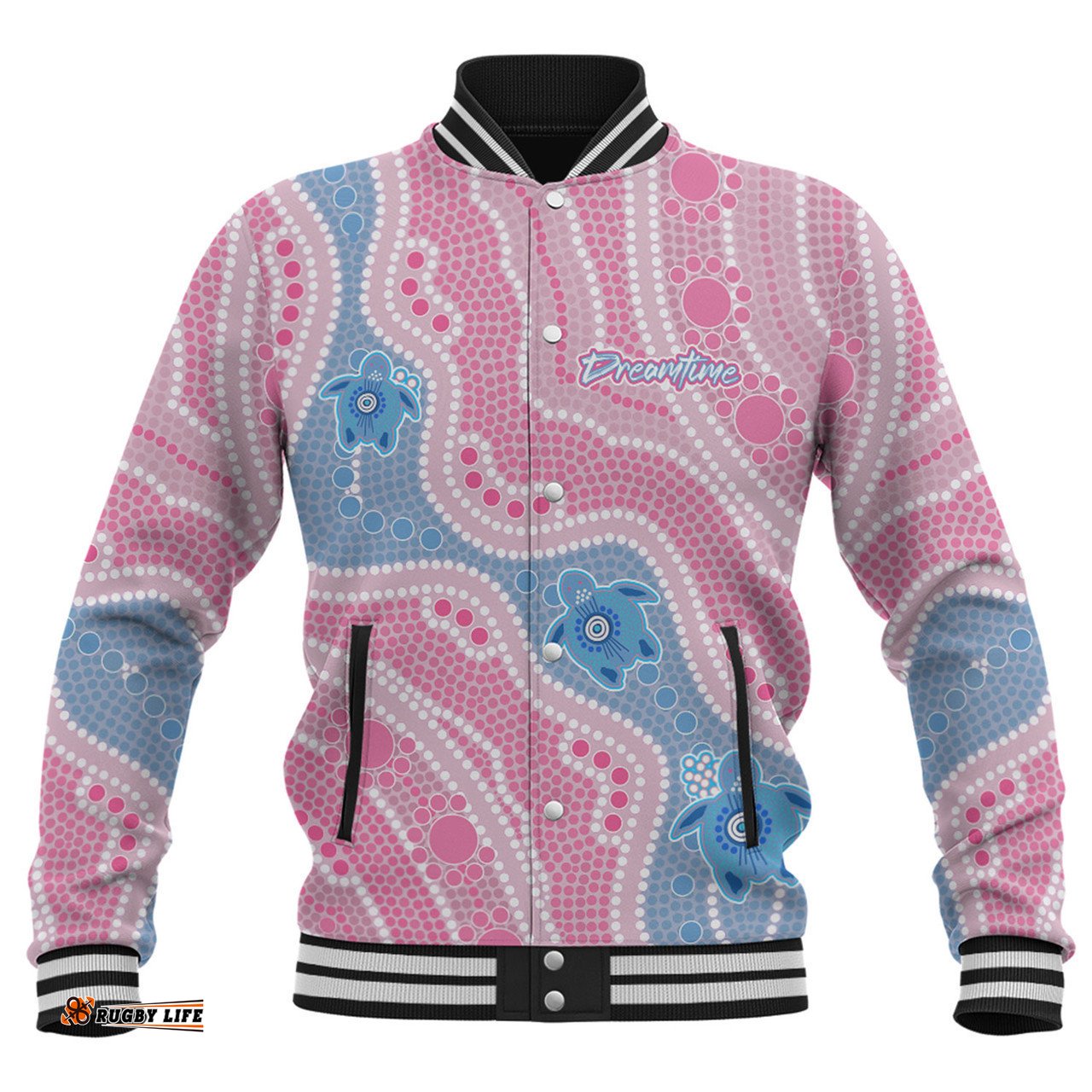 Australia Turtles Aboriginal Custom Baseball Jacket - Dreamtime River And Turtles Dot Art Painting Pink Baseball Jacket