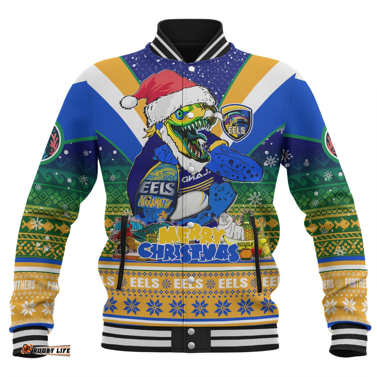 Parramatta Eels Christmas Custom Baseball Jacket - Parramatta Eels Santa Aussie Big Things Christmas Baseball Jacket