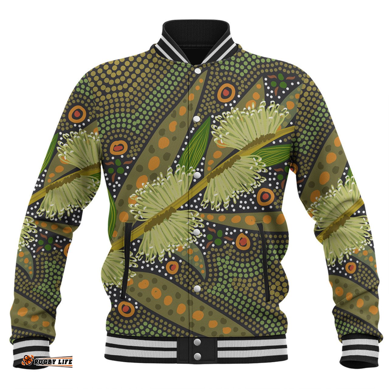 Australia Flowers Aboriginal Baseball Jacket - Aboriginal Dot Art Of Australian Native Flower Hakea Sericea Baseball Jacket