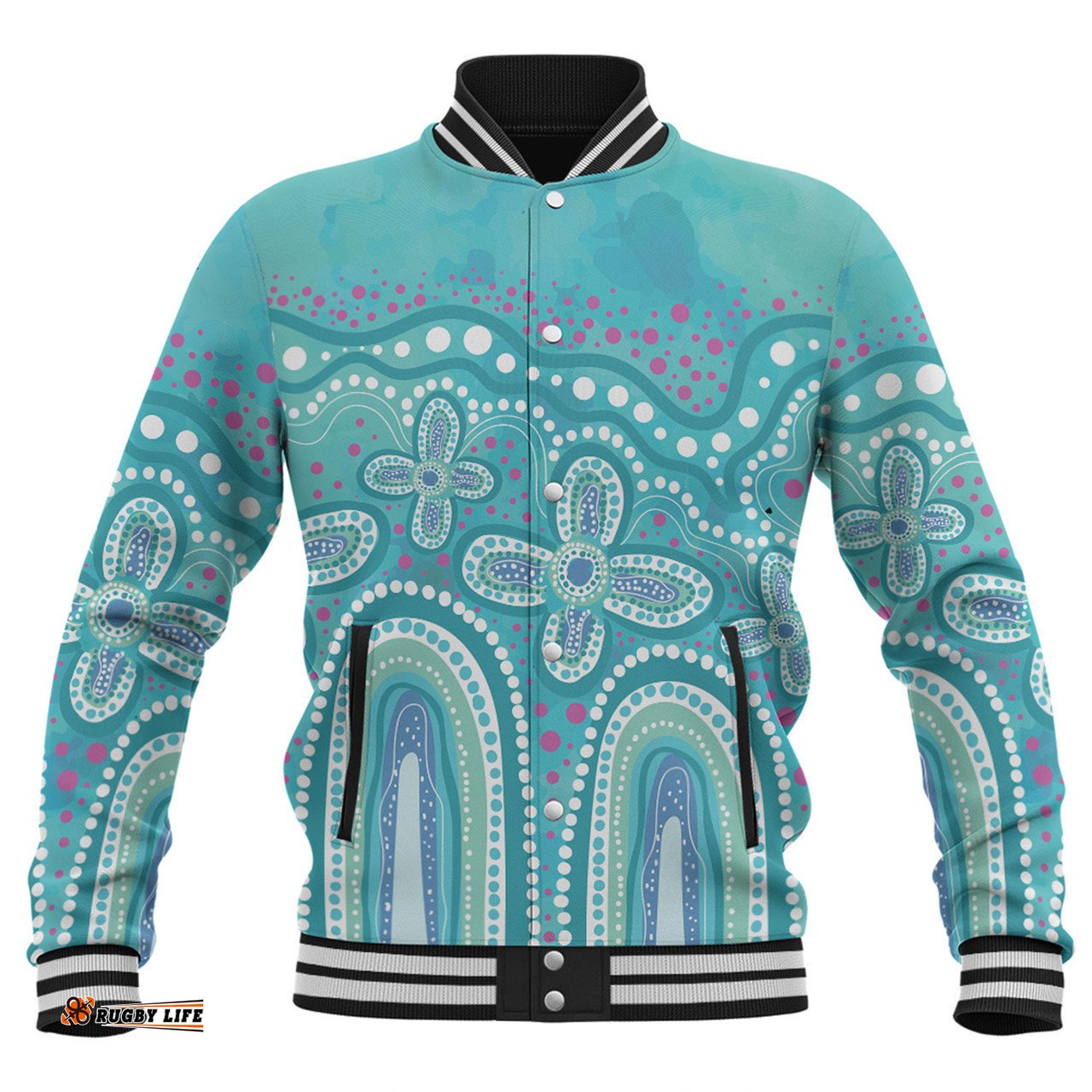 Australia Aboriginal Baseball Jacket - Dot painting illustration in Aboriginal style Turquoise Baseball Jacket