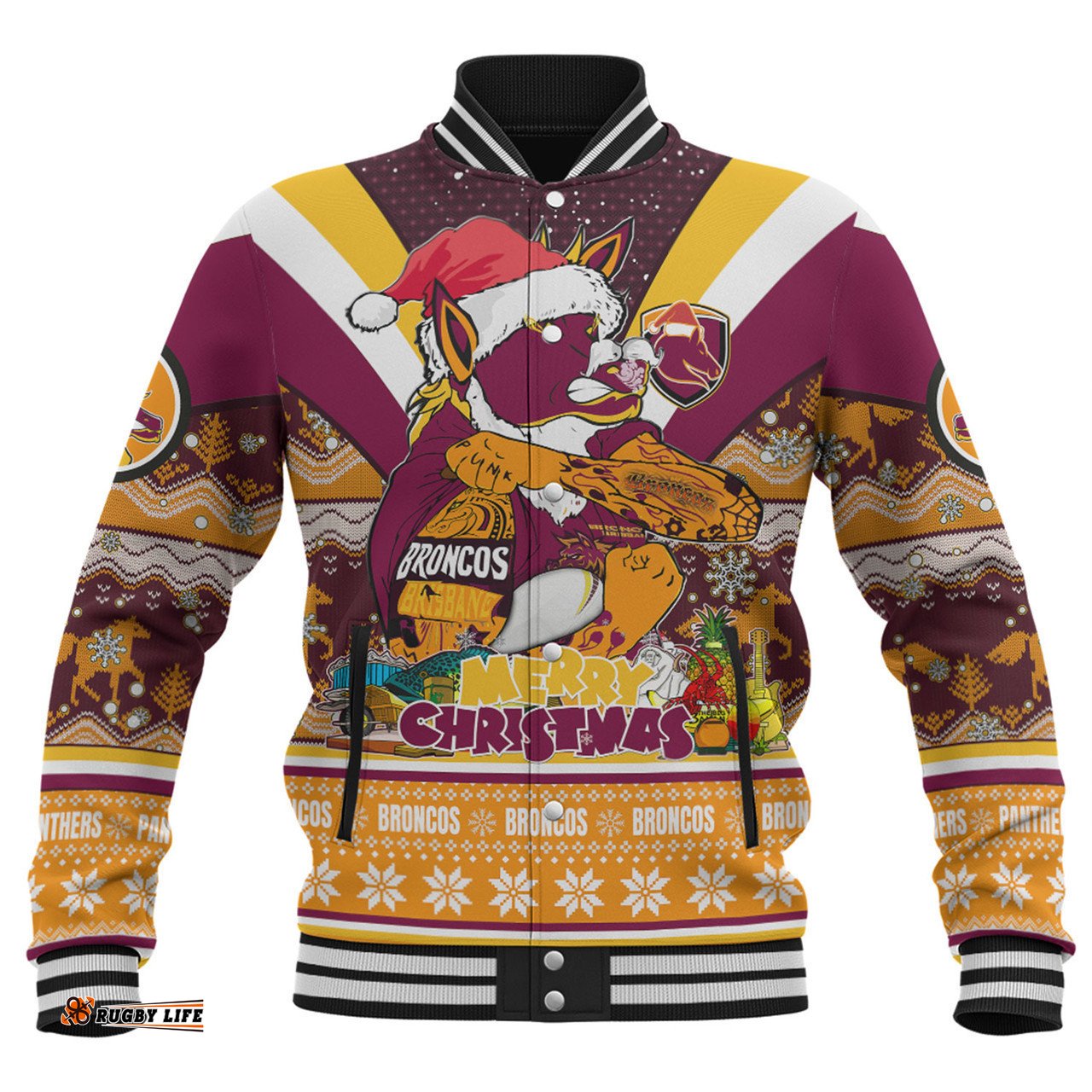 Brisbane Broncos Christmas Custom Baseball Jacket - Broncos Santa Aussie Big Things Christmas Baseball Jacket