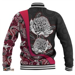Australia Warratah Goanna Aboriginal Baseball Jacket - Waratah Flowers With Red Lizards, Stones, Sand Dot Art Painting Inspired Baseball Jacket