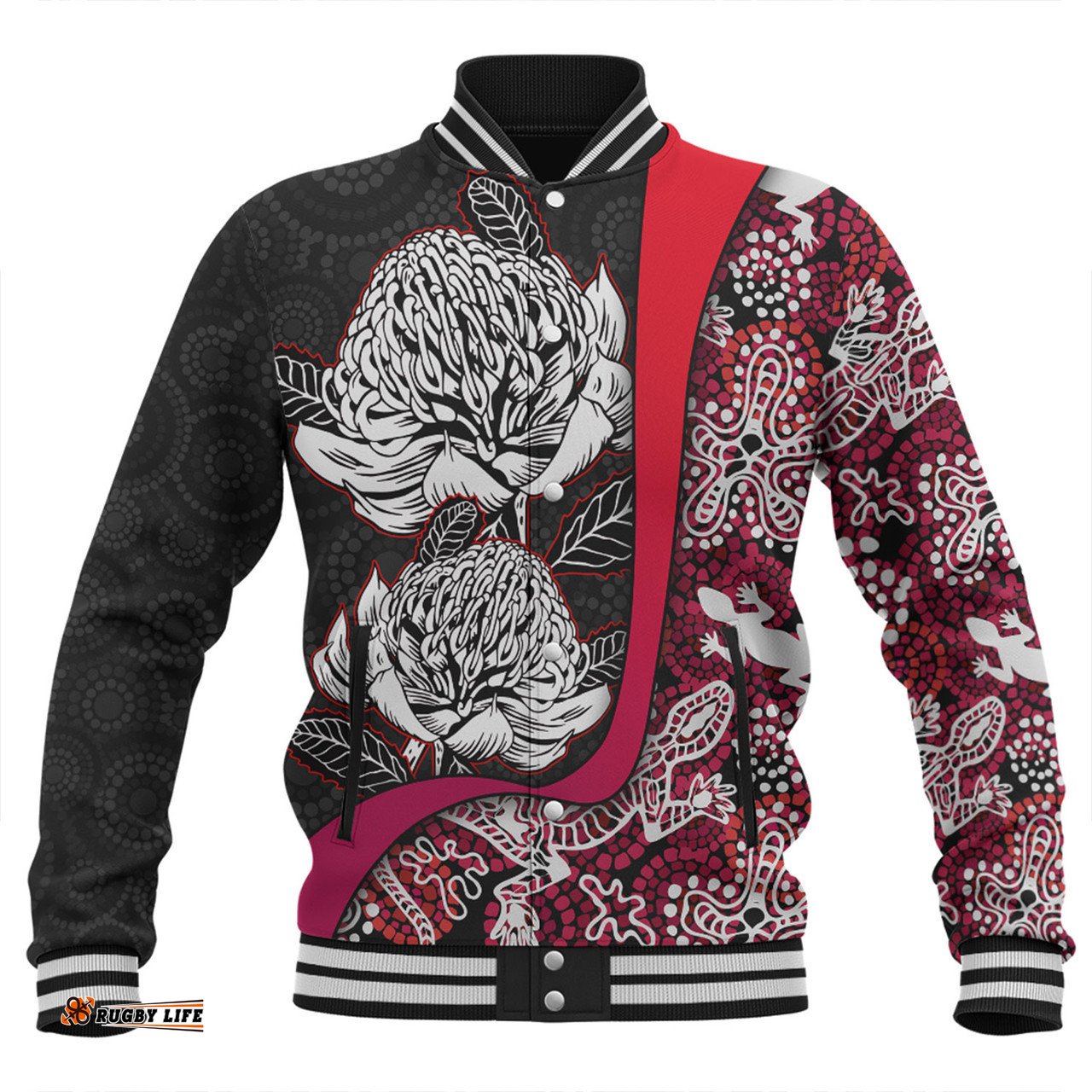 Australia Warratah Goanna Aboriginal Baseball Jacket - Waratah Flowers With Red Lizards, Stones, Sand Dot Art Painting Inspired Baseball Jacket