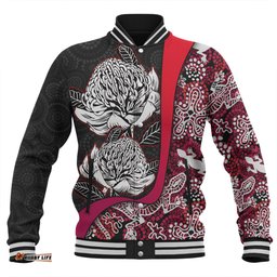 Australia Warratah Goanna Aboriginal Baseball Jacket - Waratah Flowers With Red Lizards, Stones, Sand Dot Art Painting Inspired Baseball Jacket