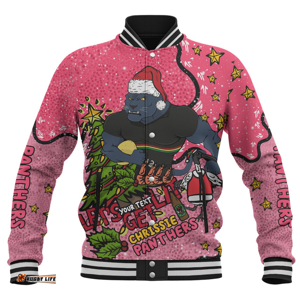 Penrith Panthers Christmas Custom Baseball Jacket - Let's Get Lit Chrisse Pressie Pink Baseball Jacket