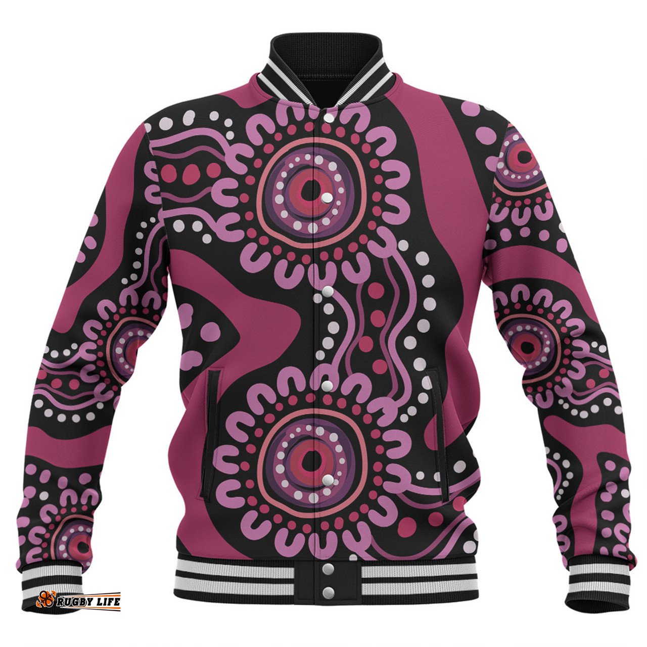 Australia Dot Painting Inspired Aboriginal Baseball Jacket - Pink Flowers Aboriginal Dot Art Baseball Jacket