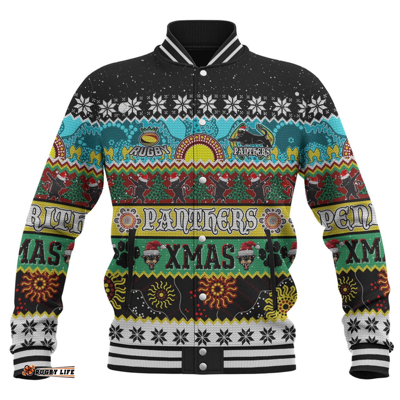 Penrith Panthers Christmas Aboriginal Custom Baseball Jacket - Indigenous Knitted Ugly Xmas Style Baseball Jacket