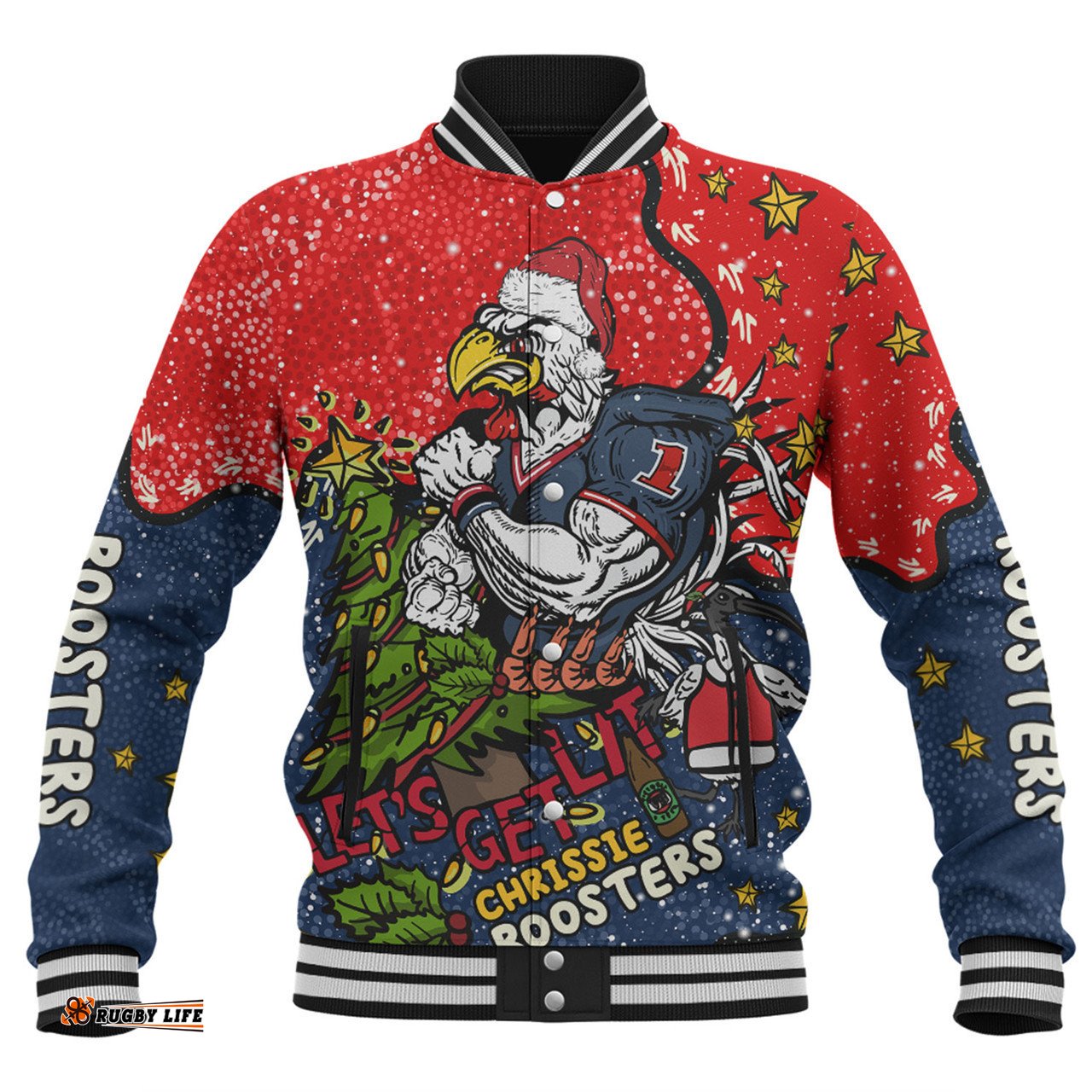 Sydney Roosters Christmas Custom Baseball Jacket - Let's Get Lit Chrisse Pressie Baseball Jacket