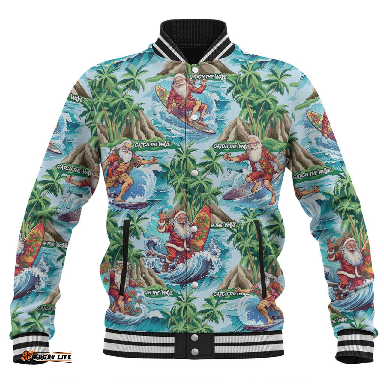 Australia Christmas Surfing Baseball Jacket - Funny Santa Surfing Christmas Baseball Jacket