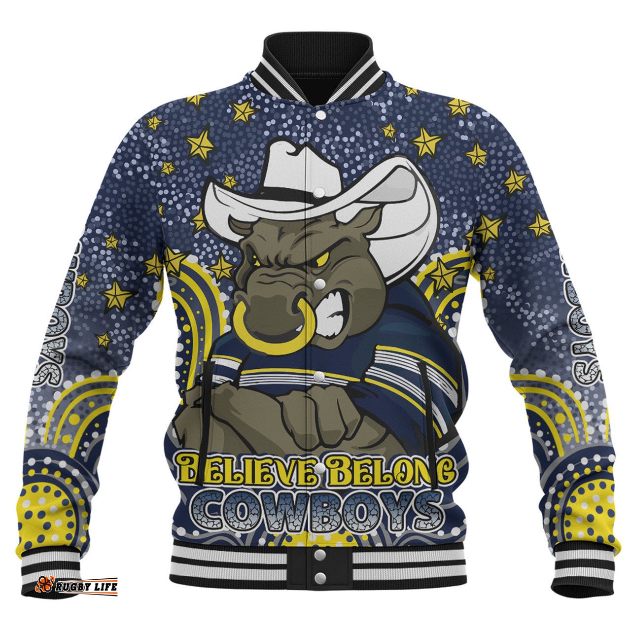 North Queensland Cowboys Custom Baseball Jacket - Custom With Aboriginal Inspired Style Of Dot Painting Patterns Baseball Jacket
