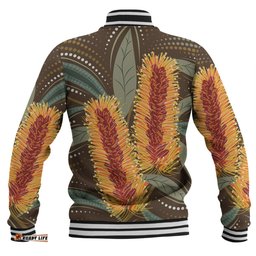 Australia Flowers Aboriginal Baseball Jacket - Aboriginal Dot Art With Yellow Banksia Flower Baseball Jacket
