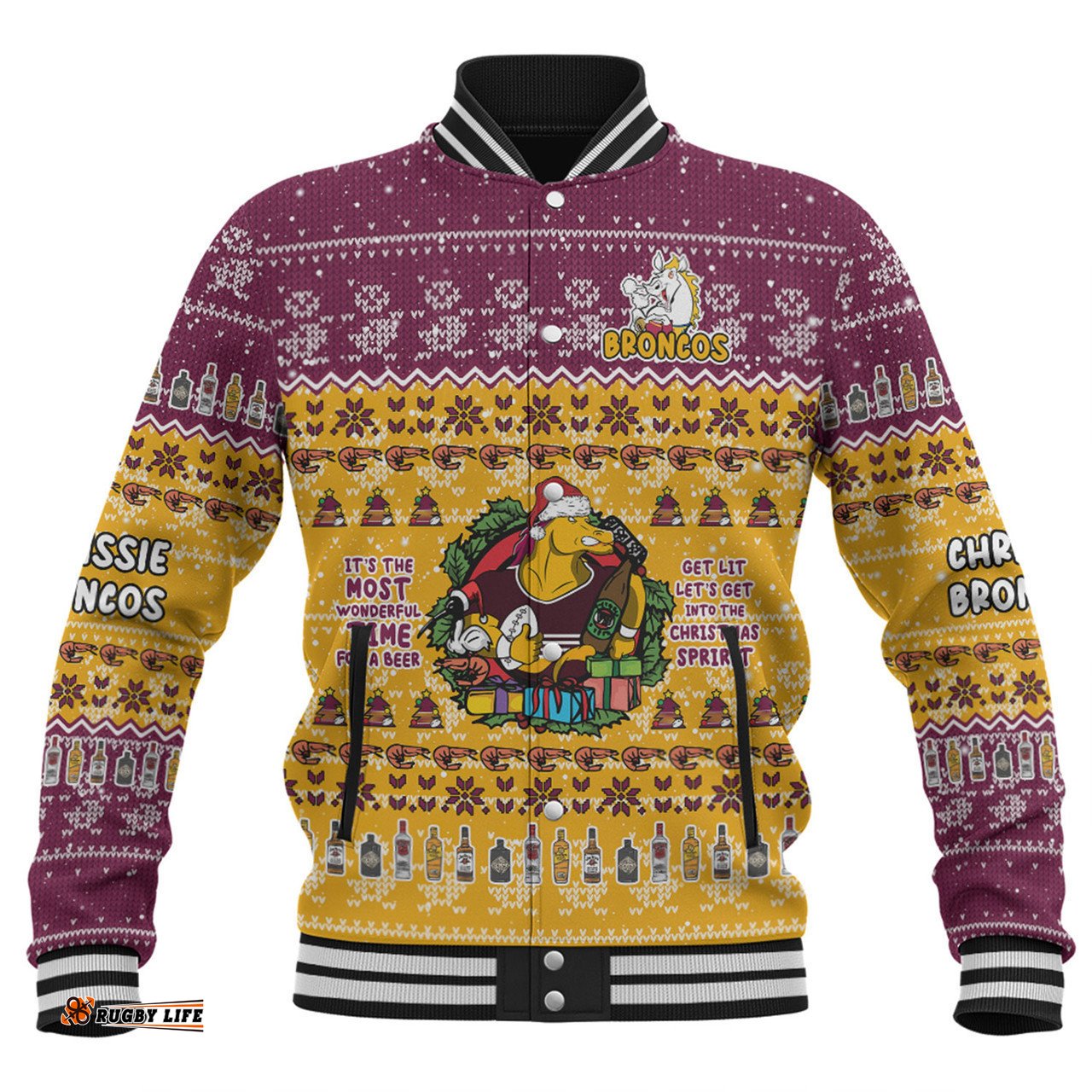 Brisbane Broncos Christmas Custom Baseball Jacket - Chrissie Spirit Baseball Jacket